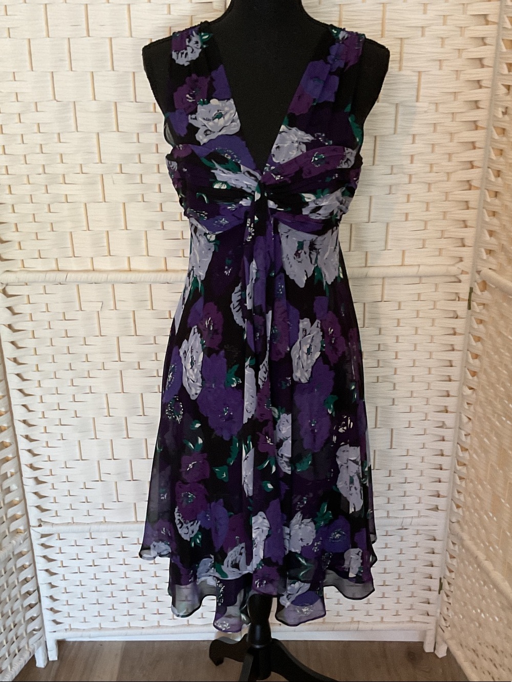 Donna Ricco Purple Floral Tie-Front Midi Dress